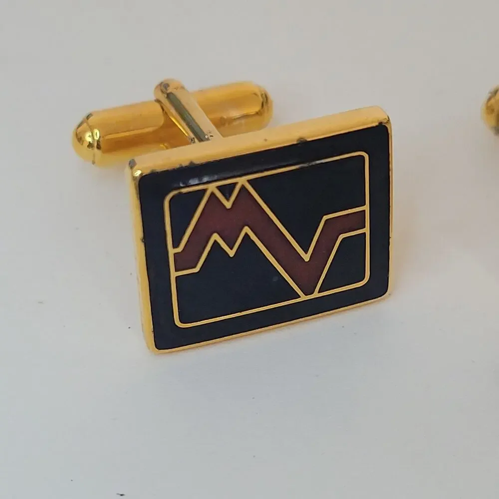 Mario Valentino MV Gold Black Red Tone Rectangle Logo Cufflinks Designer Retro